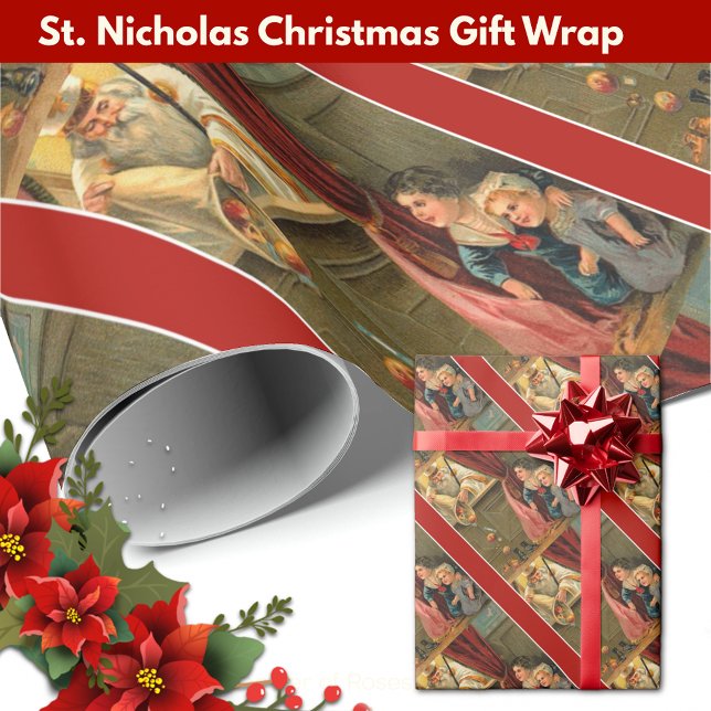 St. Nicholas Children Fruit Leksak Jul Presentpapper (Festive Christmas gift wrap with St. Nicholas handing out candy to the children! )