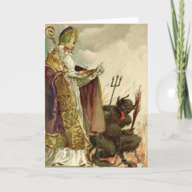 St Nicholas Krampus Pitchfork Priest Helgkort (Framsida)
