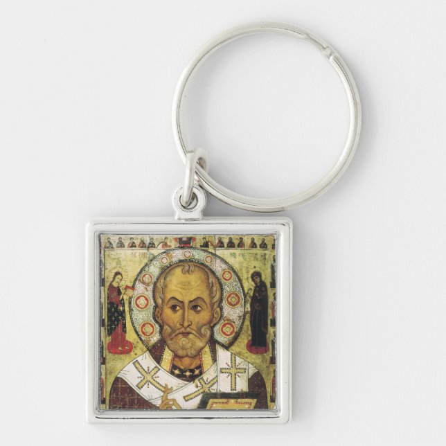 St. Nicholas Russian icon Fyrkantig Silverfärgad Nyckelring (Framsidan)
