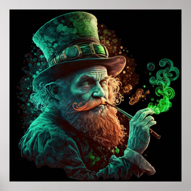 St Paddies Day Leprechaun Rökning a Pipe Ai Art. Poster (Framsidan)
