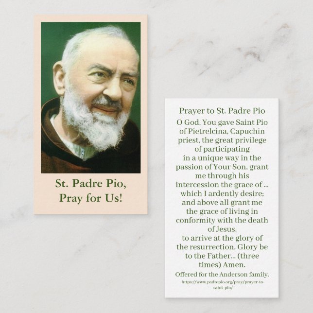 St. Padre Pio Prayer-kort (Fram/baksida)