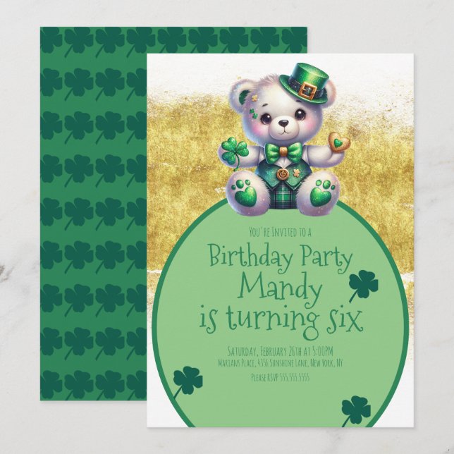 St.Patrick-Day Bear Birthday Guld Grönt Inbjudningar (Fram/baksida)