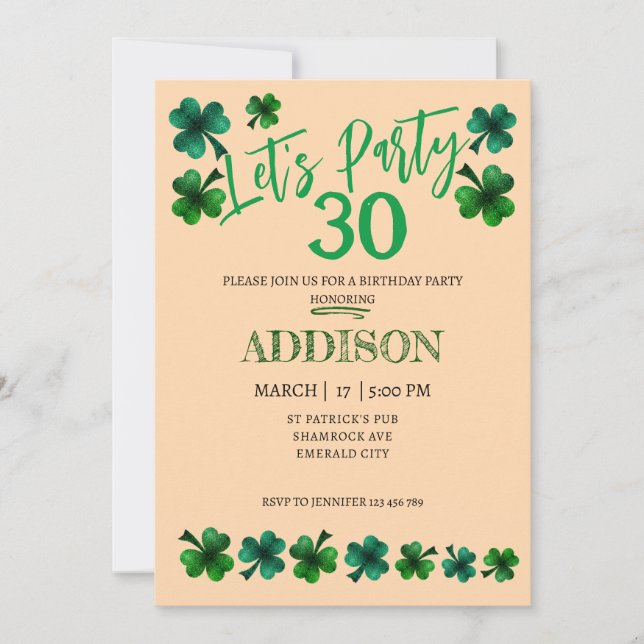 St. Patrick Day Birthday Lets party shamrock vuxen Inbjudningar (Framsida)