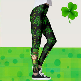 St. Patrick Day Grönt & Black Shamrocks Mönster Leggings