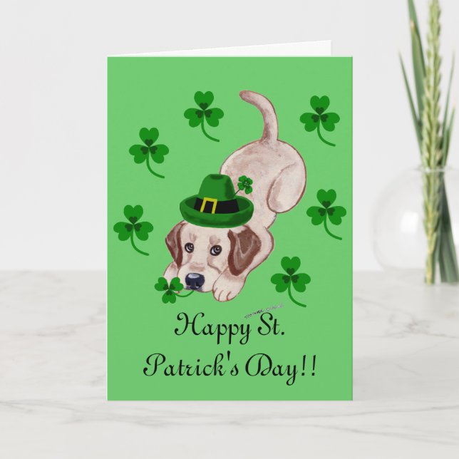 St. Patrick Day Gult Labrador Puppy i Grönt Kort (Framsida)