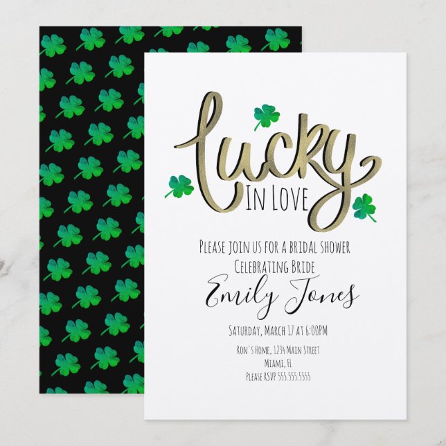 St Patrick Day Lucky In Love Guld Bröllopsdusch   Inbjudningar (Fram/baksida)