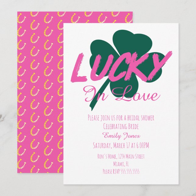 St Patrick Day Lucky Pink Bröllopsdusch Inbjudan (Fram/baksida)