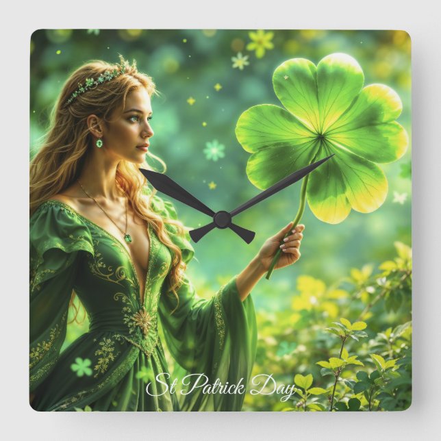 St Patrick Day mystical princess klöver magi Fyrkantig Klocka (Framsida)
