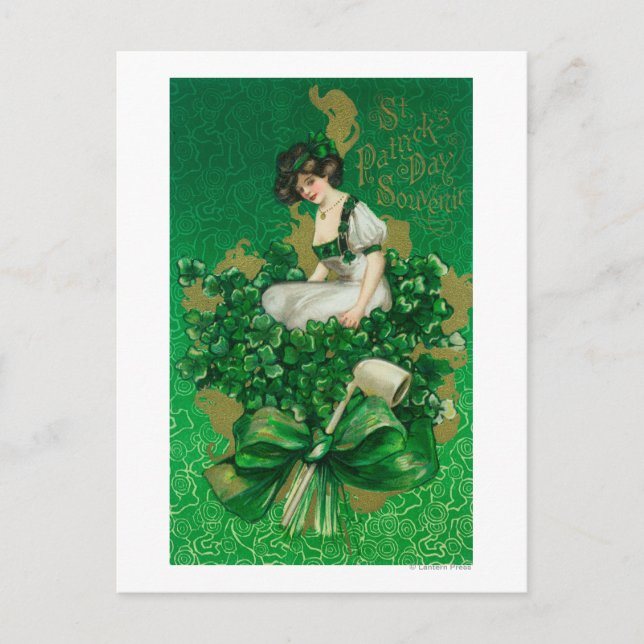 St. Patrick Day Souvenir Woman på Klöver Scene Vykort (Framsida)