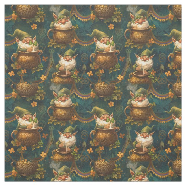 St. Patrick Gnome Pot Guld 4 Löv Klöver Mönster Tyg (Provkarta)