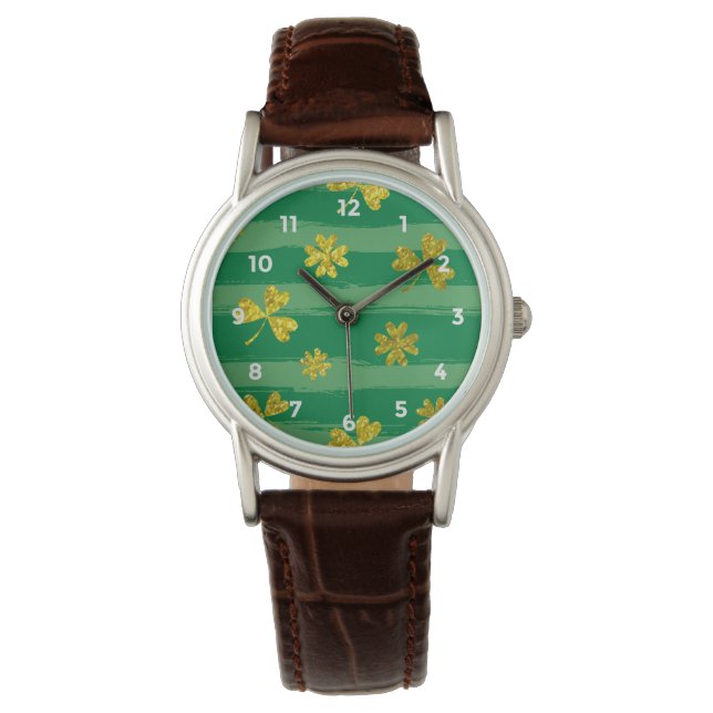 St Patrick Golden shamrock grönt rand mönster Armbandsur (Framsida)