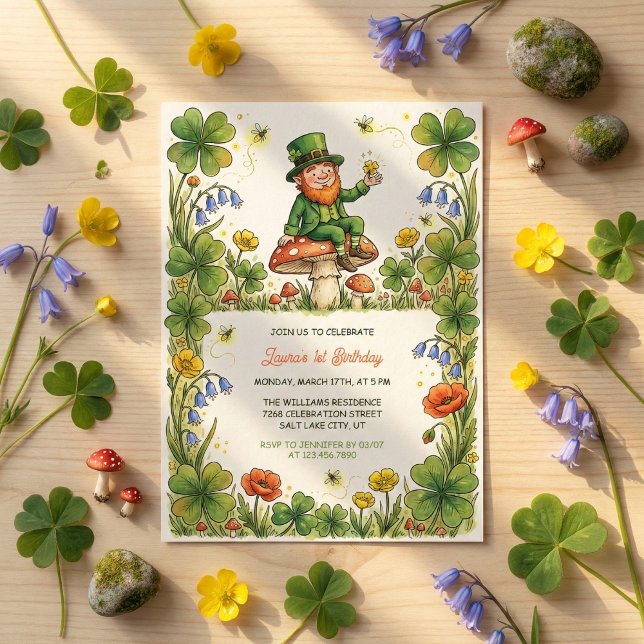 St Patrick Leprechaun 1st Birthday Green Shamrock Inbjudningar (Watercolor St. Patrick's Day Themed 1st Birthday Invitation Card)