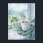 St. Patrick’s Day Cozy Tea Postcard Helg Vykort<br><div class="desc">A calm and cozy watercolor postcard for St. Patrick’s Day. A warm cup of tea on a rainy windowsill, a soft green blanket, and shamrocks in a small glass vase create a quiet Irish mood thoughtful, peaceful, and sincere. Perfect for Postcrossing, pen friends, or sending gentle St. Patrick’s Day wishes...</div>