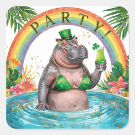 St. Patrick’s Day Glam Hippo Bikini  Fyrkantigt Klistermärke