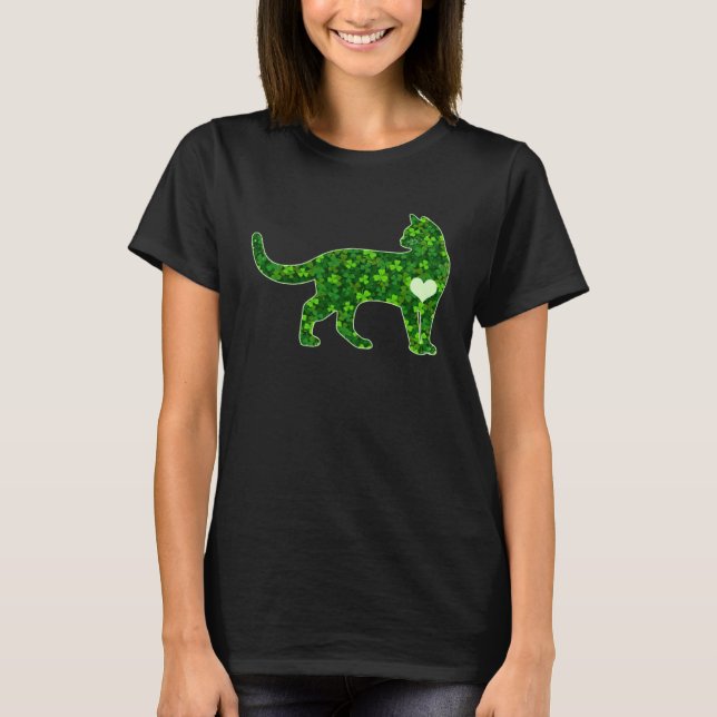 St Patrick s Day Katt Irländsk Grön Shamrock Hjärt T Shirt (Framsida)