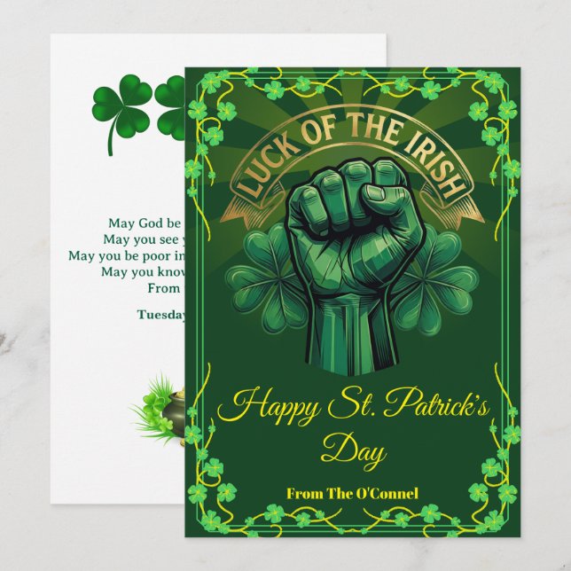 St. Patrick’s Day Luck of the Irish Fist Shamrock Julkort (Fram/baksida)