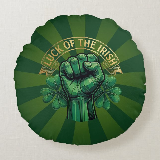 St. Patrick’s Day Luck of the Irish Fist Shamrock Rund Kudde (Framsidan)