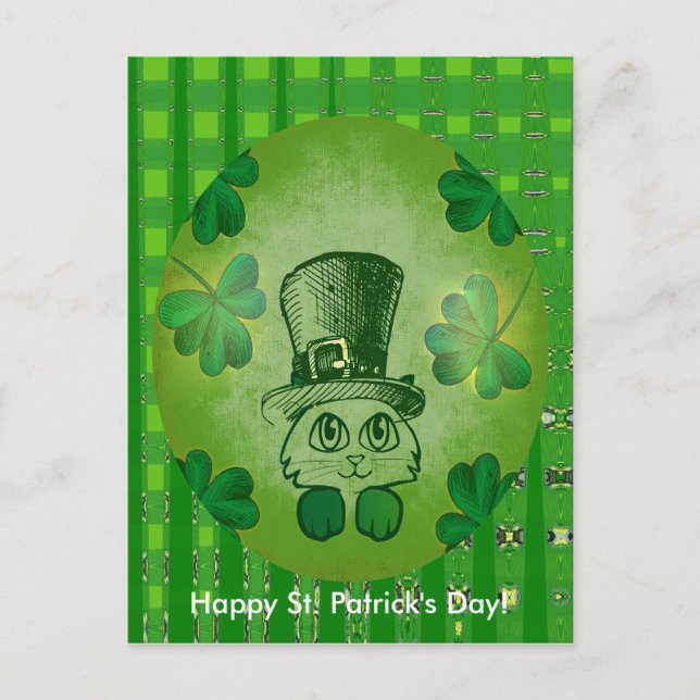 St. Patrick's Cat med Shamrocks Teckning Postcard Vykort (Framsida)
