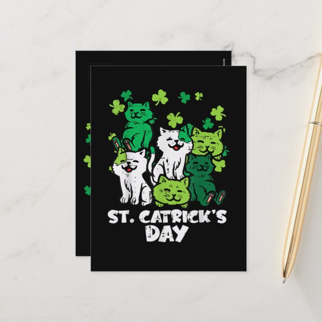 St Patricks Catricks Day Cats Saint Pattys Helg Vykort (Fram/Back In Situ)