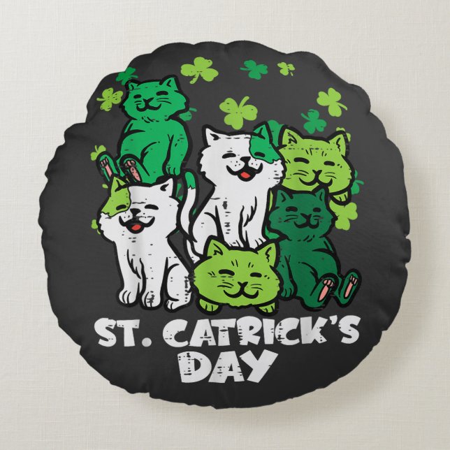 St Patricks Catricks Day Cats Saint Pattys Rund Kudde (Framsidan)