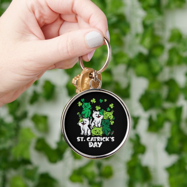 St Patricks Catricks Day Cats Saint Pattys Rund Silverfärgad Nyckelring (Hand)