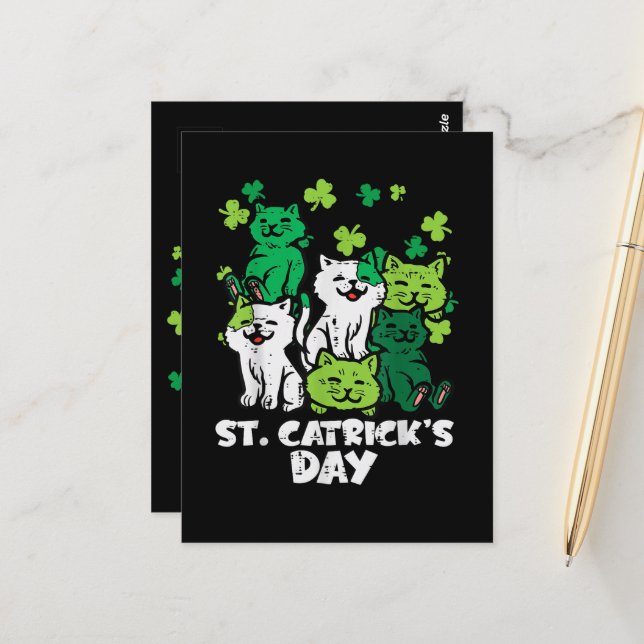 St Patricks Catricks Day Cats Saint Pattys Vykort (Fram/Back In Situ)