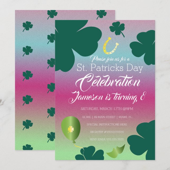 St. Patricks Dag Firande Shamrock Glitter Inbjudningar (Fram/baksida)