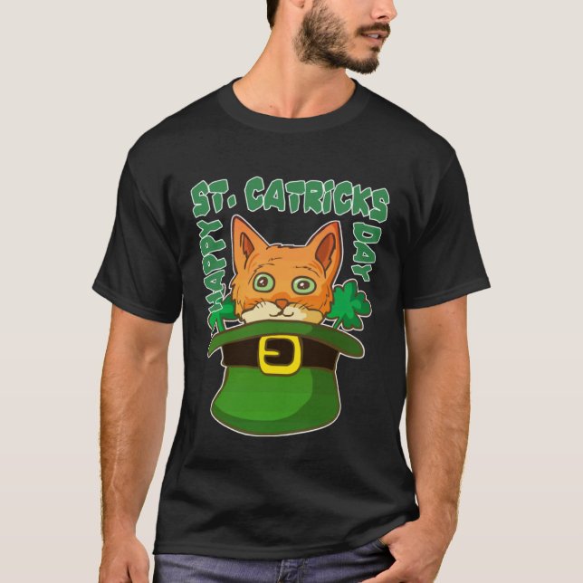 St Patricks dag Glad Tabby Katt Leprechaun Shamroc T Shirt (Framsida)