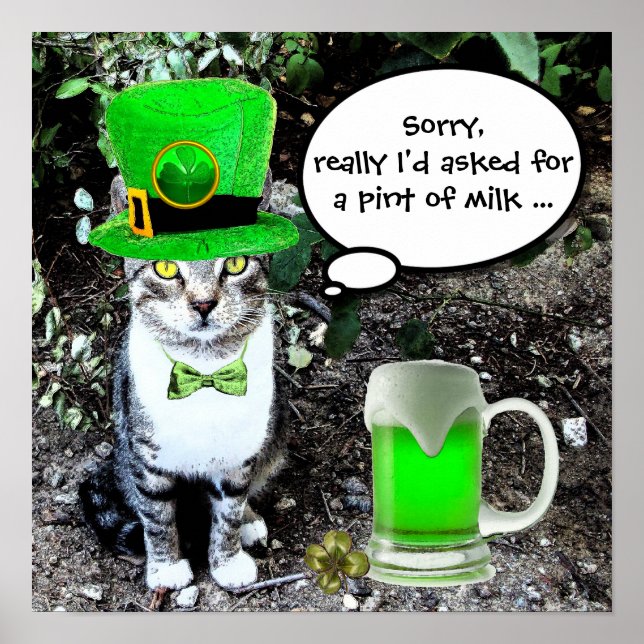 ST PATRICK'S DAG KATT MED GRÖN IRLÄNDSK ÖL POSTER (Framsidan)