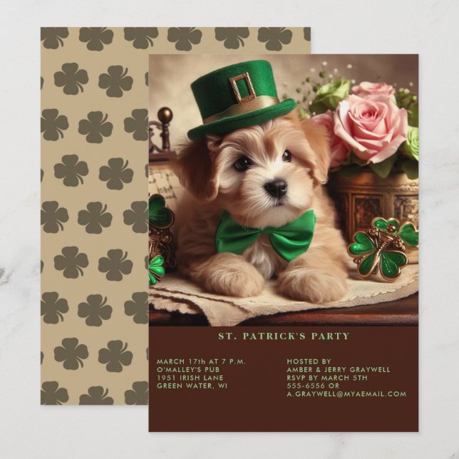 St patrick's day Adsible Fluffy Puppy Grönt Hat Inbjudningar (Fram/baksida)