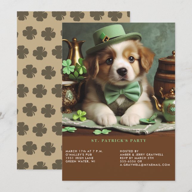St patrick's day Adsible Puppy Grönt Hat Bow Tie Inbjudningar (Fram/baksida)