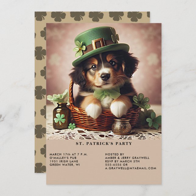 St patrick's day Australian shepherd Puppy Inbjudningar (Fram/baksida)