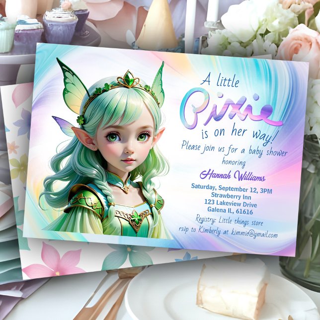 St patricks day Baby Shower Leprechaun Girl Celtic Inbjudningar (St. Patrick's Day rainbow baby shower invitation with cute Celtic girl in green Irish fairy dress)
