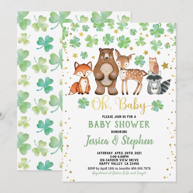St patrick's day Babyskor Shamrock Animals Inbjudningar (Fram/baksida)