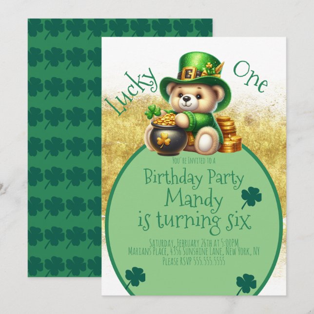 St.Patrick's Day Bear Cute Birthday Lucky One Inbjudningar (Fram/baksida)