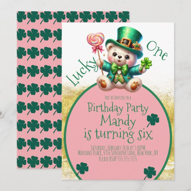 St.Patrick's Day Bear Cute Girl Birthday Lucky One Inbjudningar (Fram/baksida)