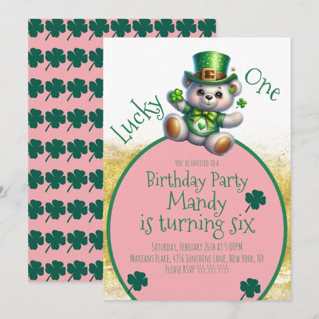St.Patrick's Day Bear Girl Birthday Lucky One Inbjudningar (Fram/baksida)