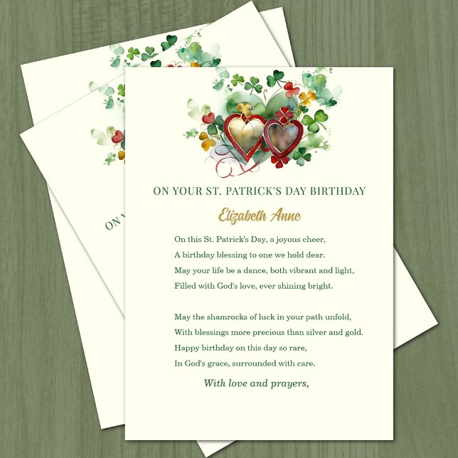 St. Patrick's Day Birthday Blessing Shamrocks Kort (St. Patrick's Day Birthday Blessed with hearts and shamrocks )