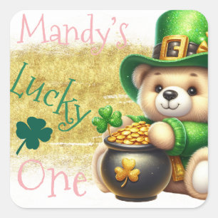 St.Patrick's Day Björn Guld Födelsedag Lucky One Fyrkantigt Klistermärke