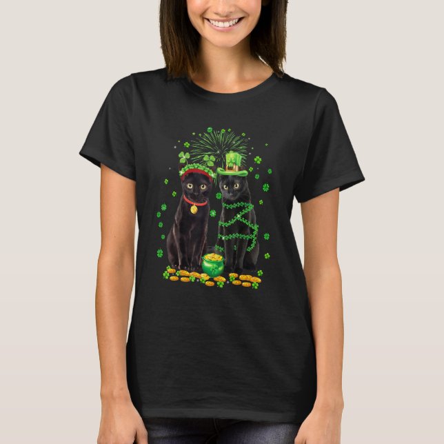 St Patricks Day Black Cat Leprechaun Shamrock Funn T Shirt (Framsida)