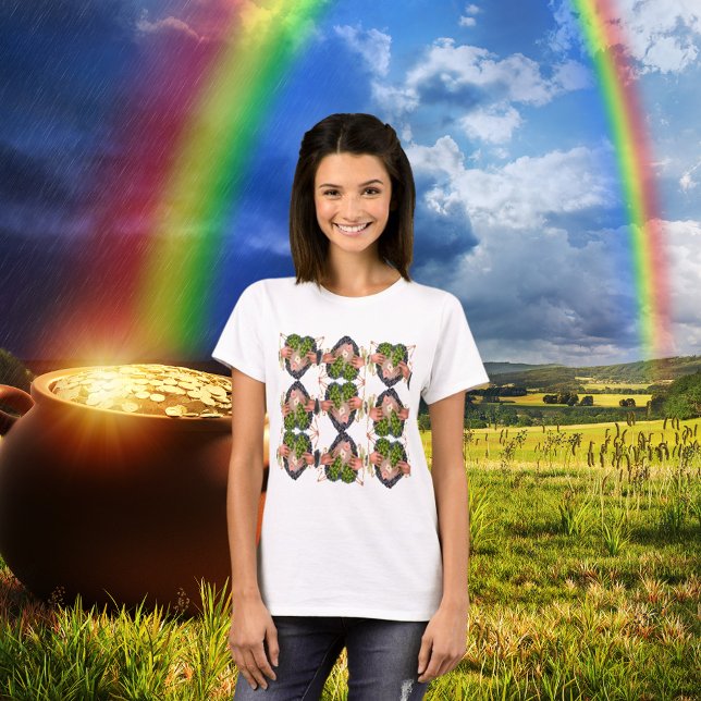 St Patricks Day Blomma Hjärta Klöver Mönster Dam Tröja (St. Patrick's Day Flower Heart and Clover Bouquets T-Shirt)