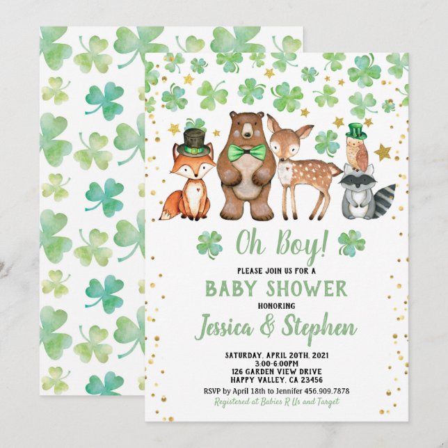 St patrick's day Boy Baby Shower Shamrock Animals Inbjudningar (Fram/baksida)