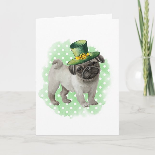 St patricks day Card Pug Hund Leprechaun Kort (Framsida)
