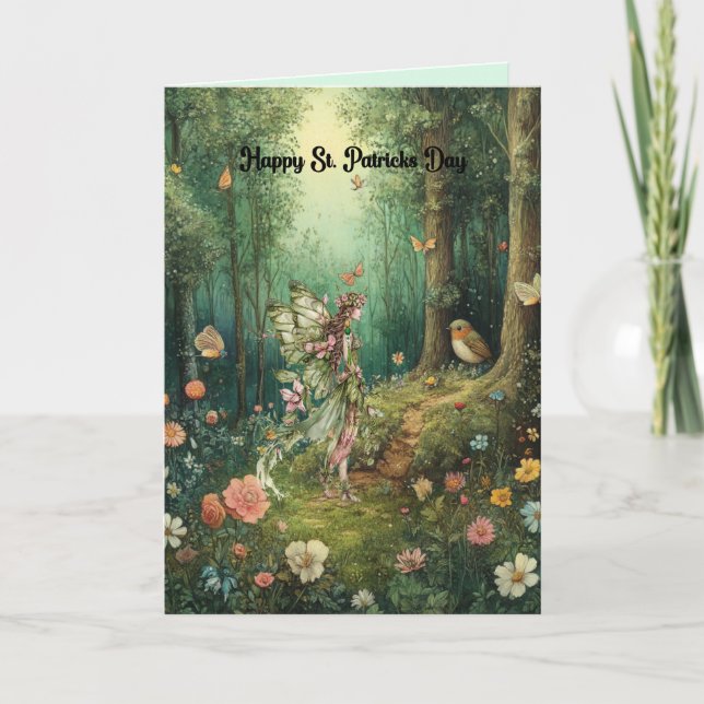 St. Patricks Day Card with Fairy in Skogen Helgkort (Framsida)