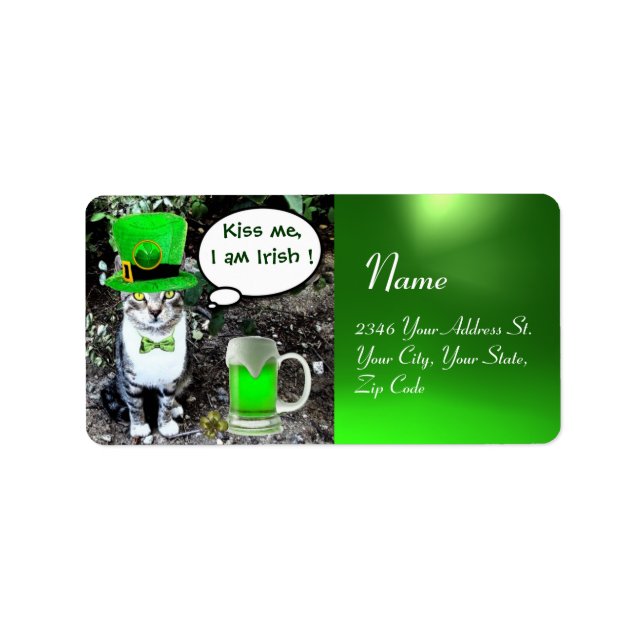 ST PATRICK'S DAY CAT MED GRÖNT IRISH-ÖL ADRESSETIKETT (Framsidan)