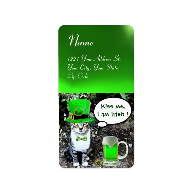 ST PATRICK'S DAY CAT MED GRÖNT IRISH-ÖL ADRESSETIKETT (Framsidan)