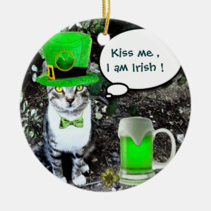 ST PATRICK'S DAY CAT MED GRÖNT IRISH-ÖL JULGRANSPRYDNAD KERAMIK