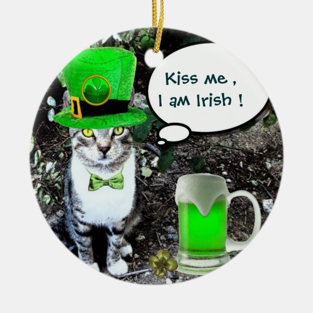 ST PATRICK'S DAY CAT MED GRÖNT IRISH-ÖL JULGRANSPRYDNAD KERAMIK (Framsidan)