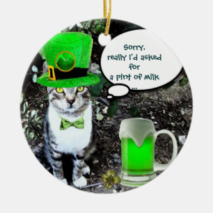 ST PATRICK'S DAY CAT MED GRÖNT IRISH-ÖL JULGRANSPRYDNAD KERAMIK