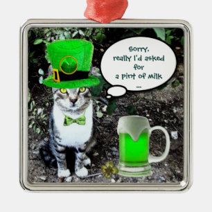 ST PATRICK'S DAY CAT MED GRÖNT IRISH-ÖL JULGRANSPRYDNAD METALL